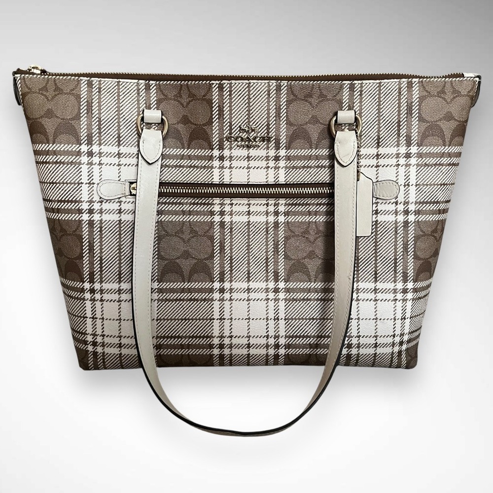 Coach Tan and Cream Checkered Tote Bag - Picture 2 of 13